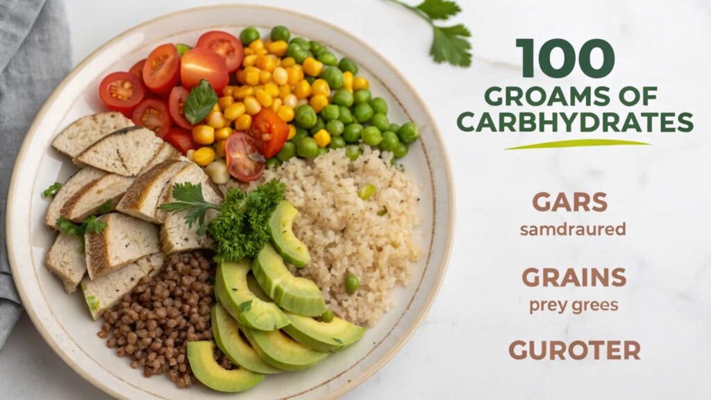 A balanced meal plate containing whole grains, bread, avocado, lentils, rice, tomatoes, corn, and peas, with a text overlay about 100 grams of carbohydrates.