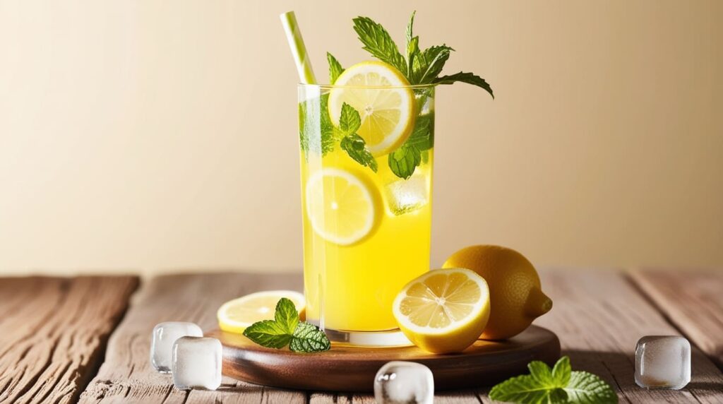 A refreshing glass of lemon water garnished with fresh mint leaves, placed on a wooden summer table under soft sunlight. The vibrant yellow of the lemon slices contrasts beautifully with the green mint, evoking a sense of freshness and hydration. Perfect for a light, keto-friendly drink.