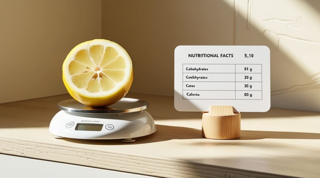 Freshly sliced lemon wedges placed on a small kitchen scale with a nutritional chart nearby, highlighting their carb and calorie content. The setup is on a wooden countertop with natural light, emphasizing the health-conscious and keto-friendly theme of the image.