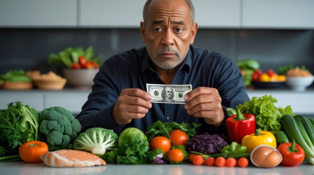 Man holding a dollar surrounded by low-carb foods, symbolizing "low carb on any budget" with vegetables, salmon, and eggs.