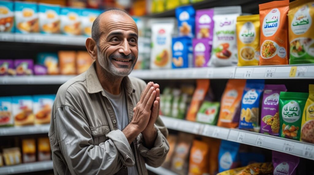 Man happily shopping for affordable low-carb snacks, illustrating low carb on any budget.