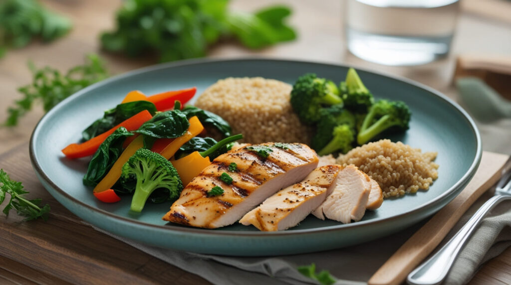 Grilled chicken with quinoa, broccoli, and colorful vegetables, perfect for a 100-carb diet.