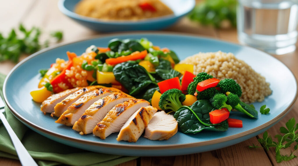 Balanced meal with grilled chicken, colorful vegetables, and quinoa on a blue plate