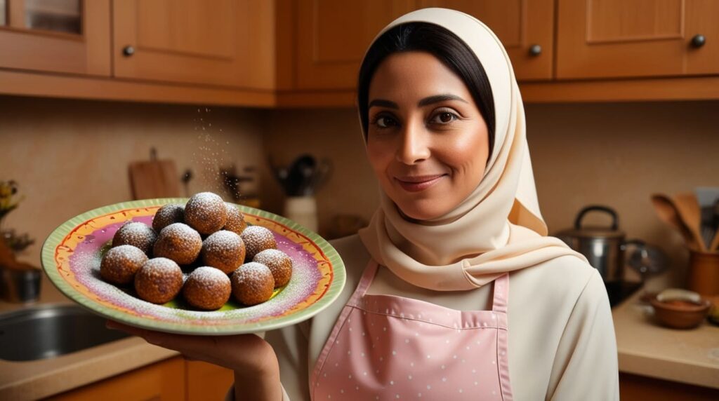 Woman in a kitchen holding a plate of freshly made Boobie Balls recipe dusted with powdered sugar.