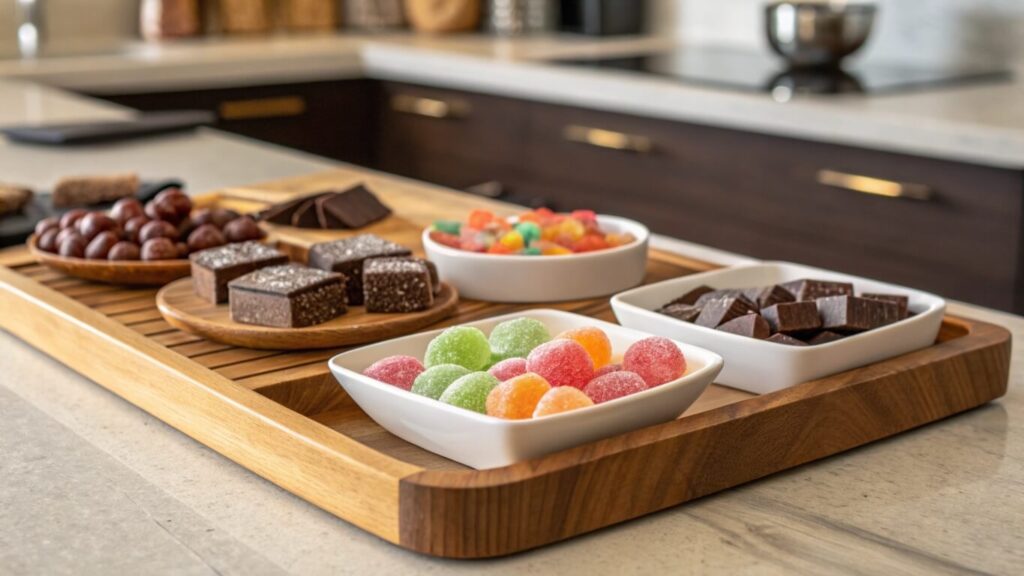 Variety of low-carb candies on a wooden tray.