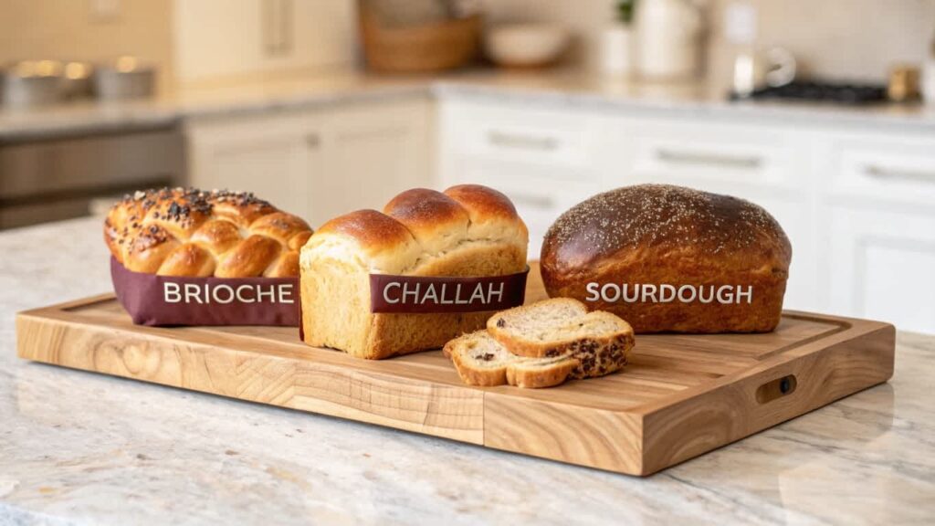 Brioche, challah, and sourdough bread for French toast.