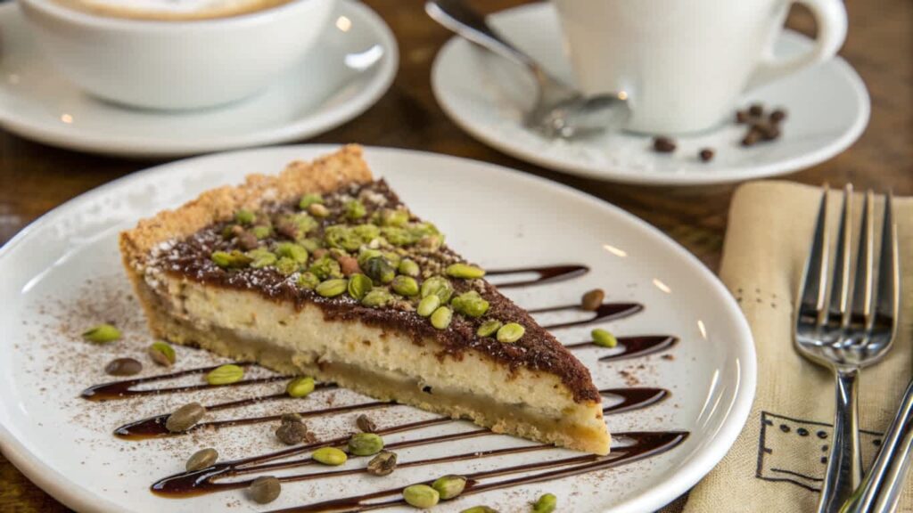 A slice of cannoli pie served with pistachios and cocoa powder.