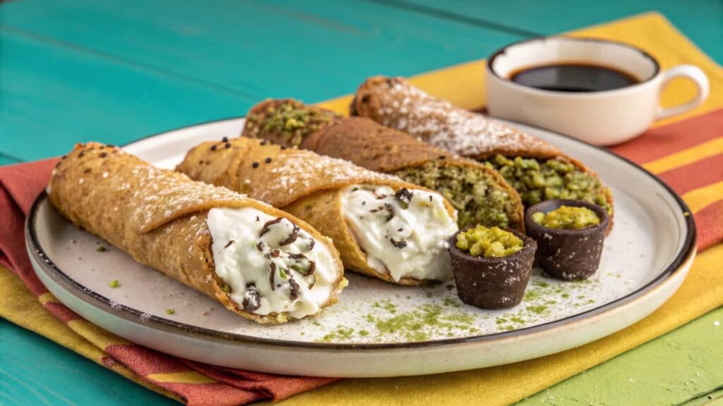 Modern cannoli variations with pistachio and chocolate fillings