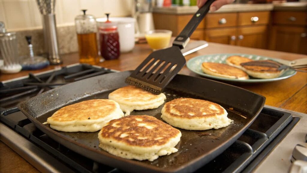 Drop scones being cooked on a griddle.
