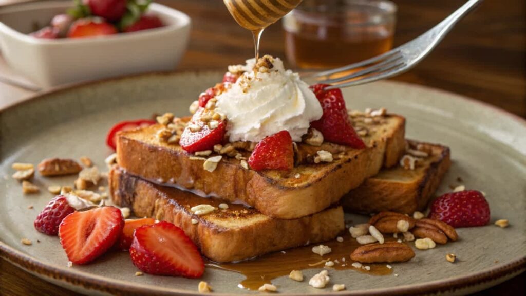 French toast with whipped cream, strawberries, and honey