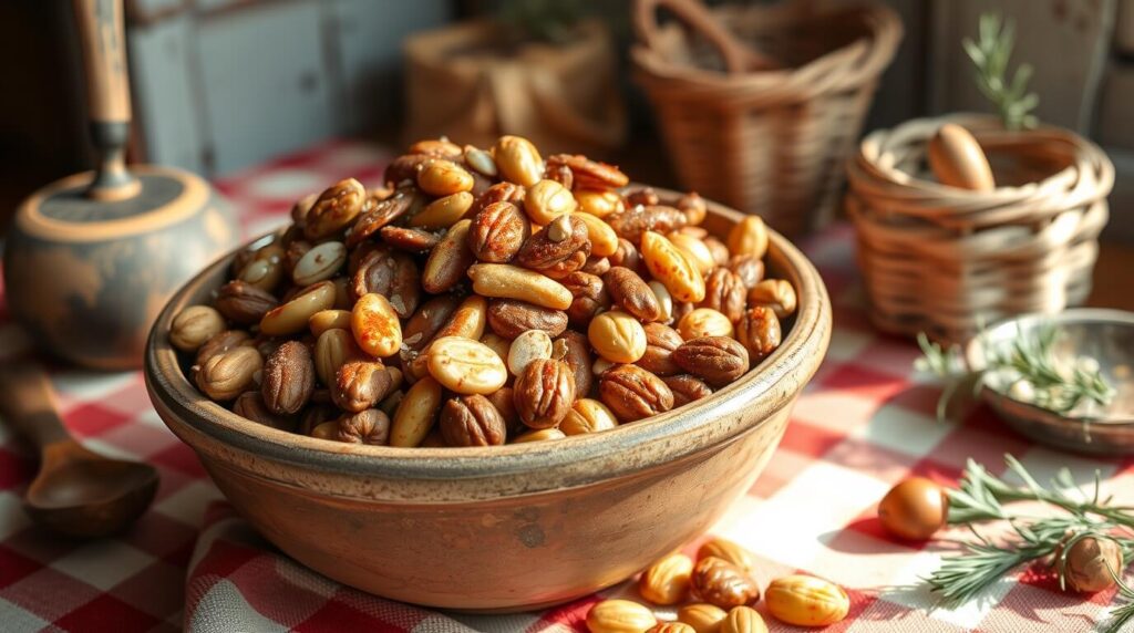 Bowl of mixed roasted nuts and seeds with seasonings