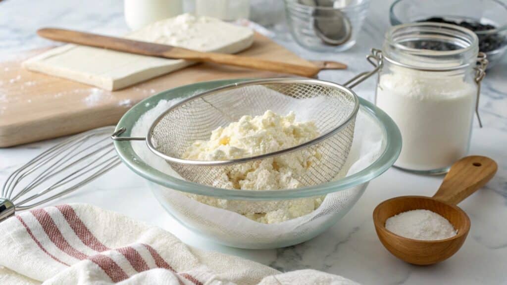 Ricotta cheese draining in a mesh strainer for cannoli filling.