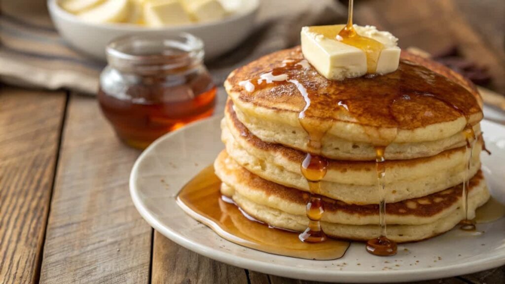 Fluffy pancakes with butter and syrup