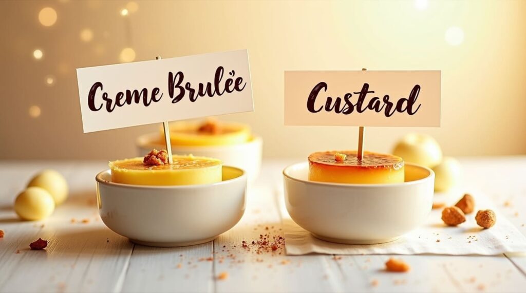 Two desserts side by side in white bowls, labeled "Crème Brûlée" and "Custard," highlighting their visual differences.