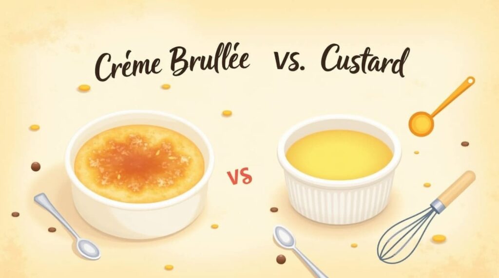 Illustration of crème brûlée and custard side by side, highlighting their visual differences with tools like a whisk and spoon in the background.