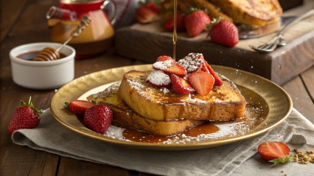 Golden French toast with strawberries, powdered sugar, and maple syrup.