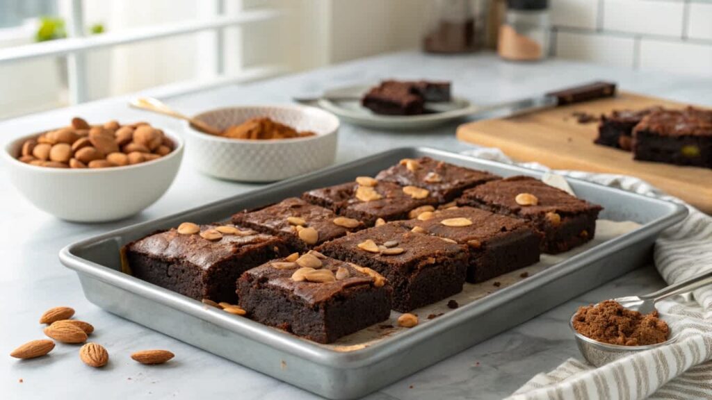 Fudgy protein brownies with chocolate layers in a modern kitchen