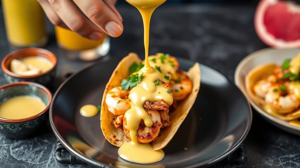 Grilled shrimp tacos with leche de tigre sauce.