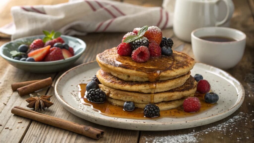 A stack of healthy French toast pancakes topped with berries and syrup.