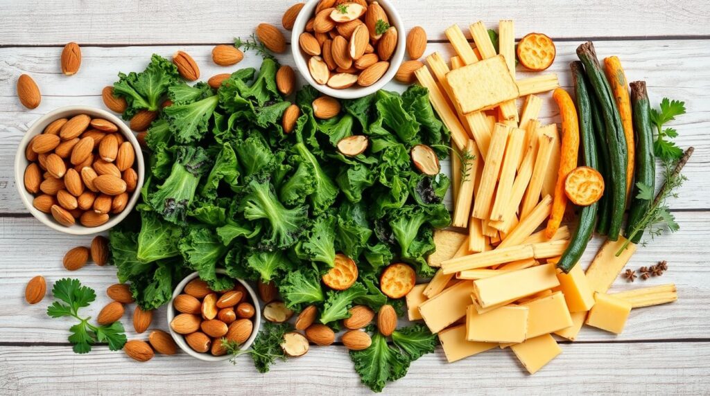 Variety of low carb crunchy snacks including kale chips and almonds.