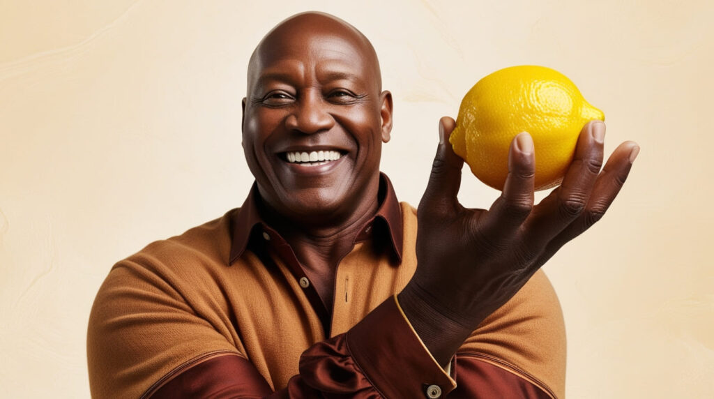 Smiling man holding a bright yellow lemon.