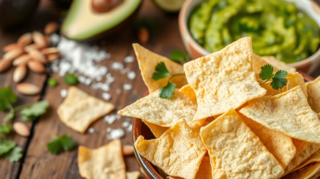 Keto-friendly tortilla chips served with guacamole on a wooden table