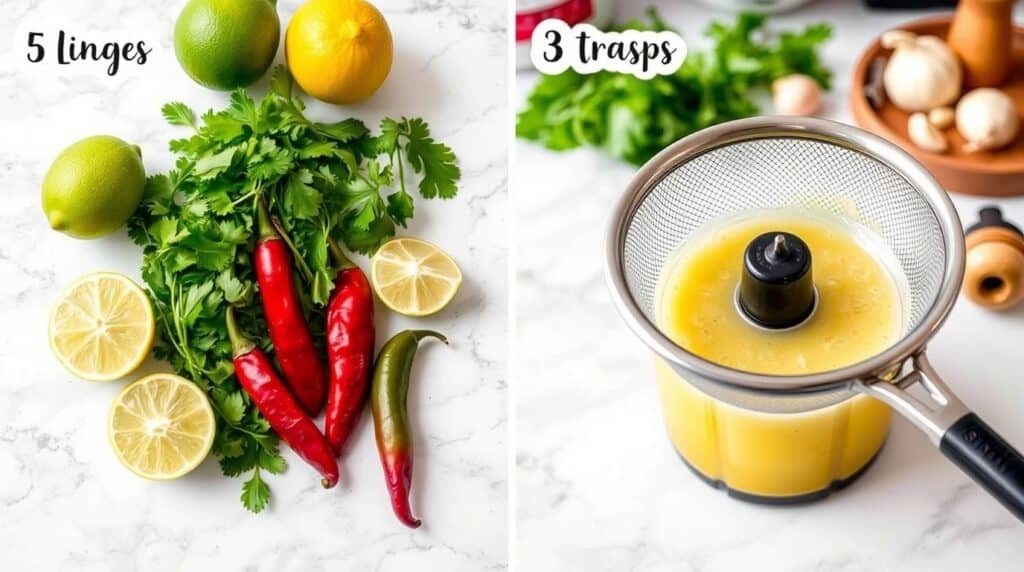  Ingredients and preparation process for making leche de tigre.