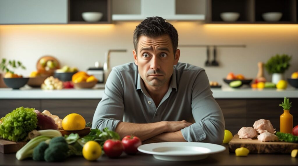 Man sitting in a kitchen surrounded by vegetables and protein foods, pondering a no-carb diet