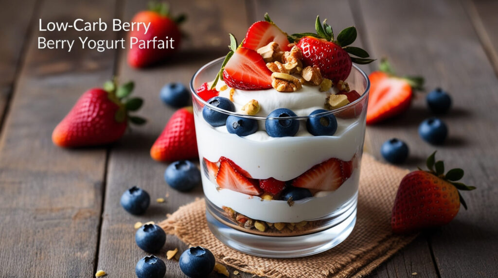  What fruit has the lowest carbs? A freshly prepared low-carb berry yogurt parfait topped with strawberries, blueberries, and nuts on a light wooden table.