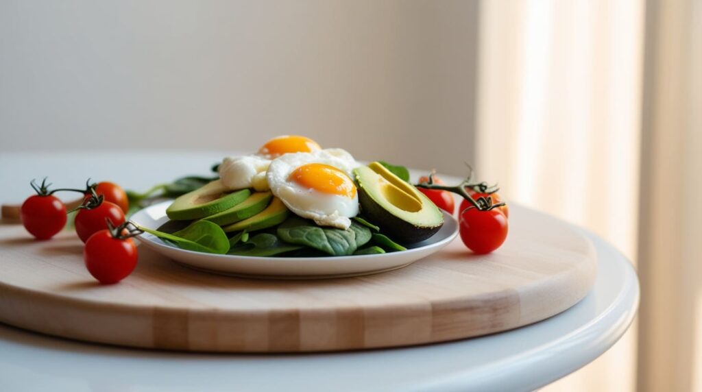 What breakfast has no carbs? A plate with eggs, avocado, spinach, and cherry tomatoes.