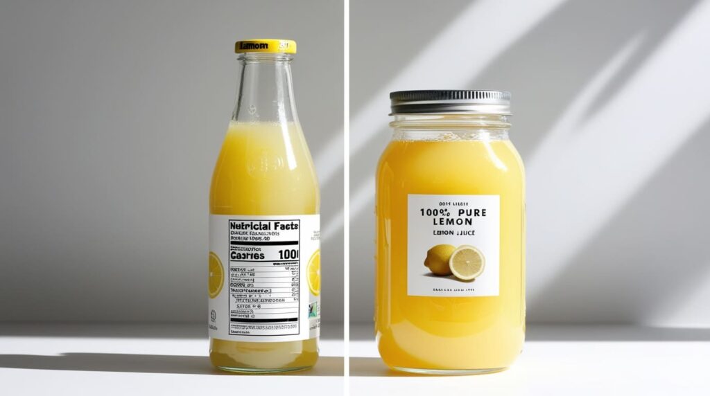 A comparison of a store-bought lemon juice bottle with added sugars and a glass jar of freshly squeezed pure lemon juice.