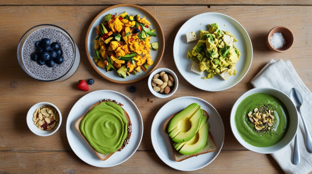 Vegan low carb breakfast ideas, including chia pudding, tofu scramble, avocado toast, smoothie bowl, and nuts