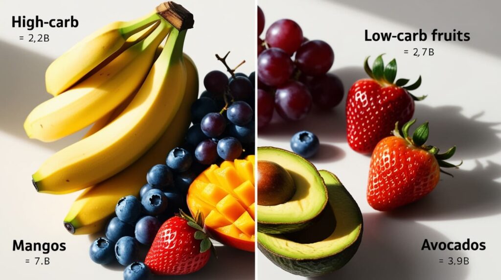 What fruit has the lowest carbs? A comparison of high-carb fruits like bananas, grapes, and mangos next to low-carb fruits like berries and avocados, labeled with their carb counts.