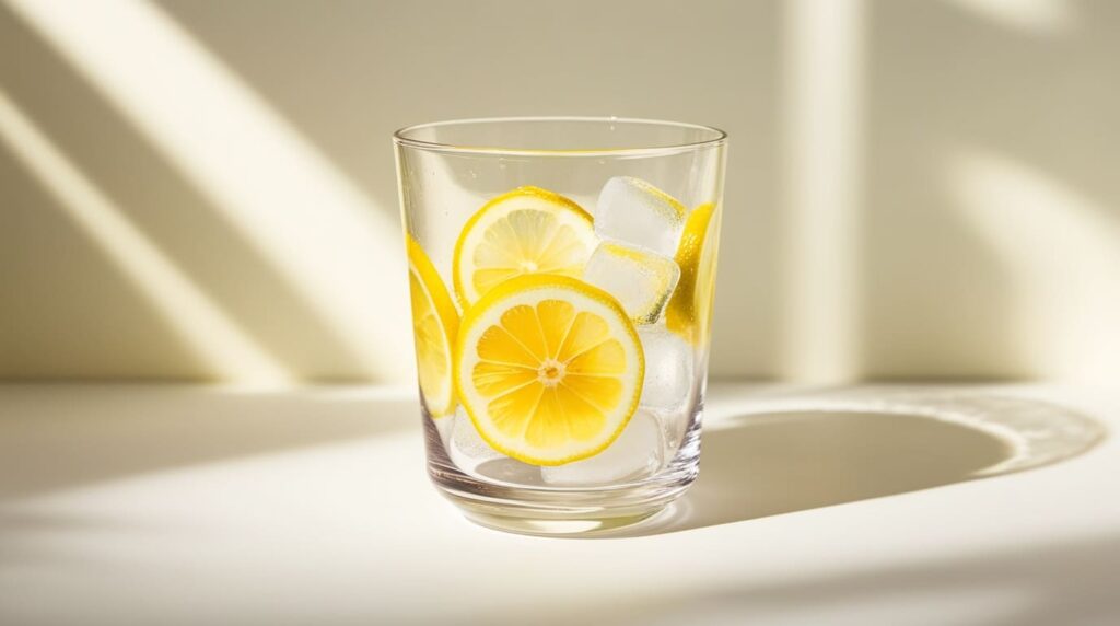 A glass of water filled with lemon slices and ice cubes.