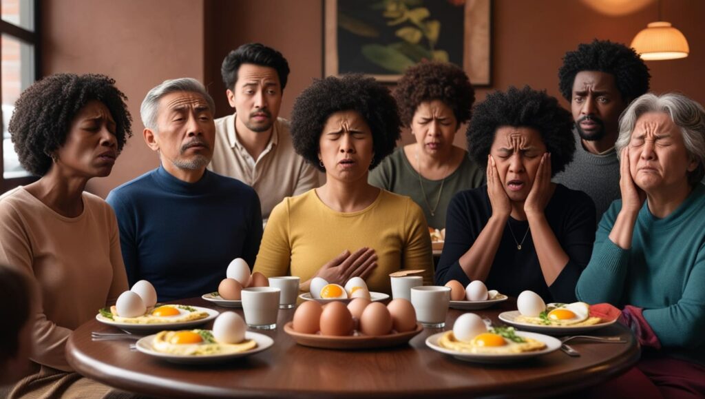 Can people with egg intolerance eat baked goods? A group of individuals sits around a table with eggs, visibly uncomfortable, illustrating the challenges of egg intolerance and its impact on enjoying baked treats.