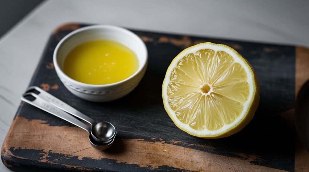 A close-up of a sliced lemon on a wooden cutting board with a bowl of lemon juice and measuring spoons nearby.