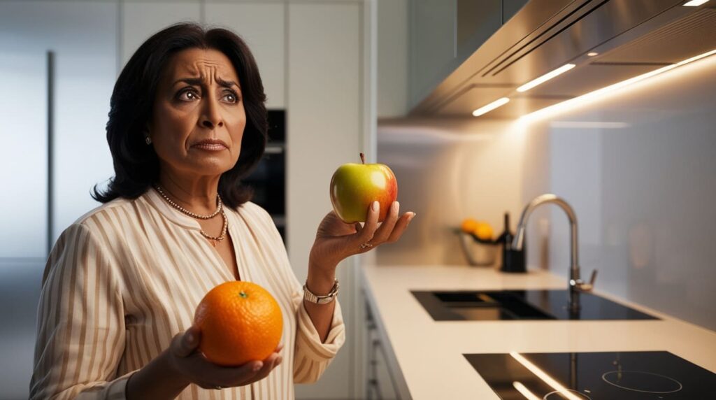 What fruit has the lowest carbs? A middle-aged woman holding an apple and an orange in a modern kitchen, looking thoughtful about fruit choices.