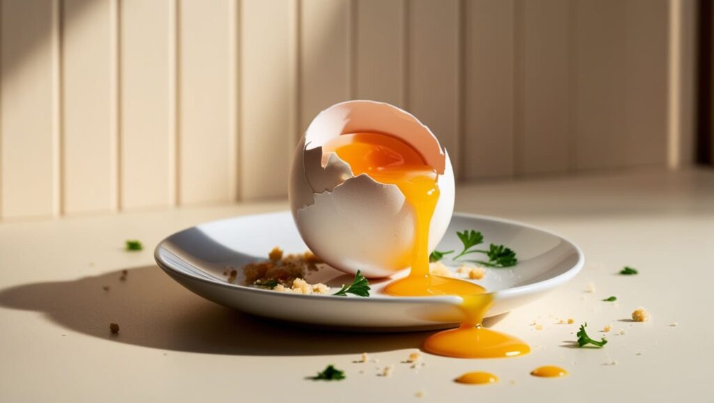 What is the Baked Egg Challenge? Cracked egg with yolk flowing onto a plate, symbolizing egg allergy testing.