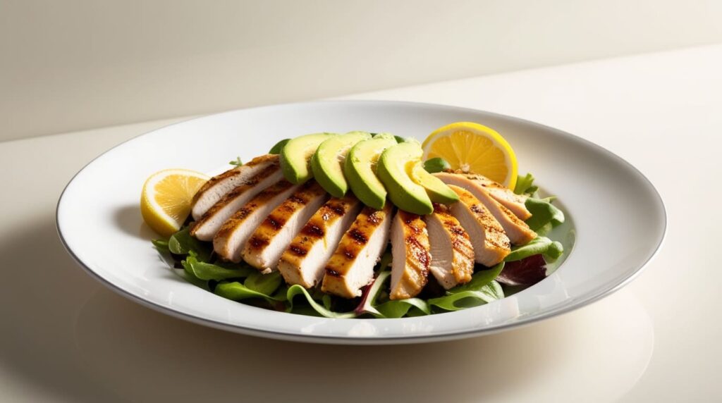 A fresh salad with grilled chicken, avocado slices, and a drizzle of lemon juice, served with lemon wedges on a white plate.