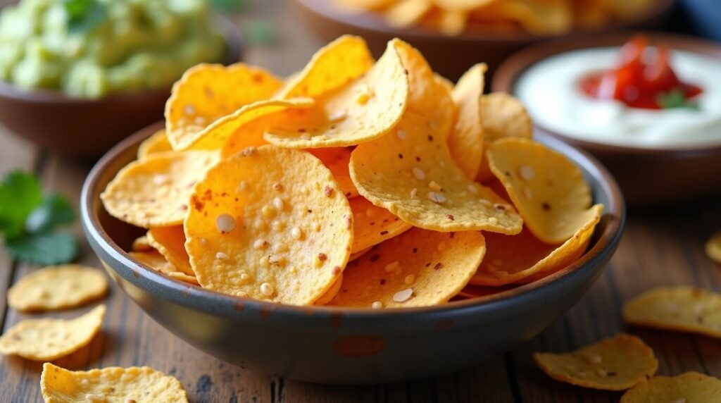 Bowl of low-carb tortilla chips with dips