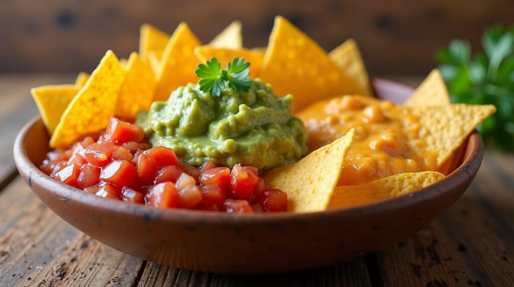 Bowl of low carb tortilla chips with guacamole, salsa, and cheese dip