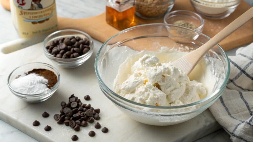 Preparing cannoli pie filling with ricotta and mascarpone in a glass bowl.