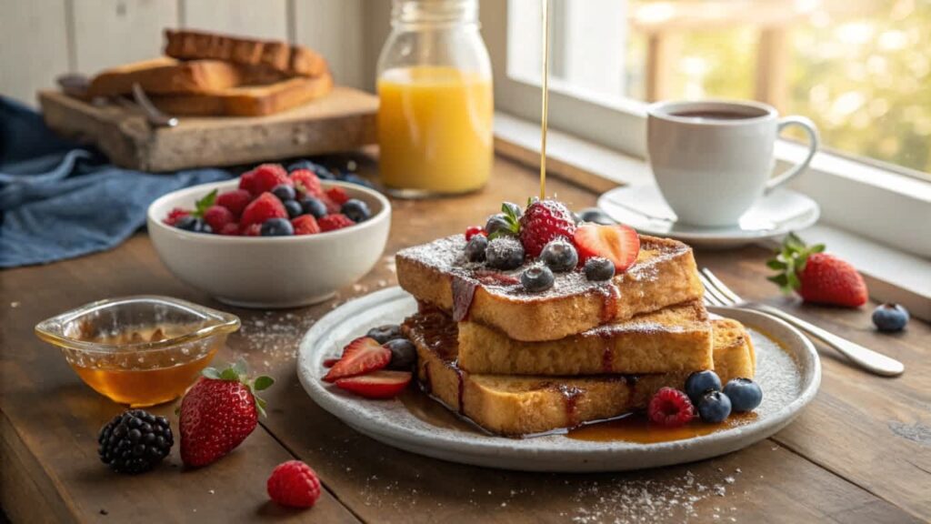 Golden French toast with fresh berries and syrup.