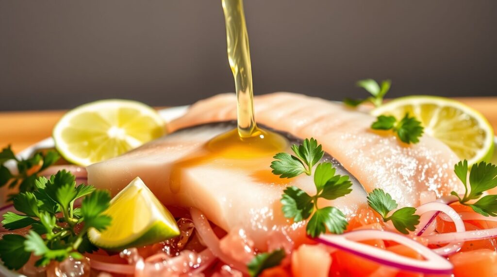 Pouring leche de tigre over fresh fish for ceviche