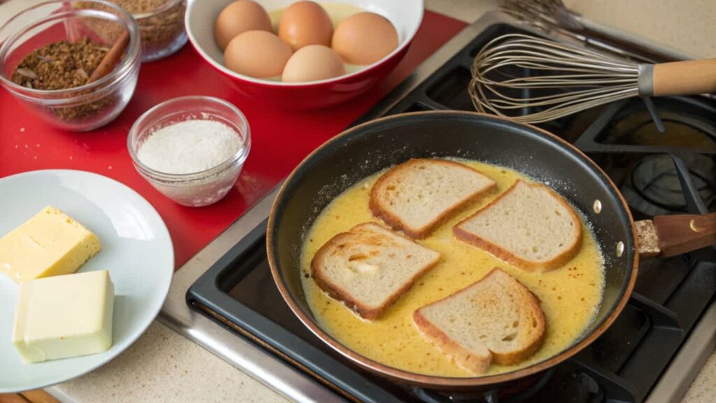 Step-by-step preparation of French toast with custard mix and skillet.