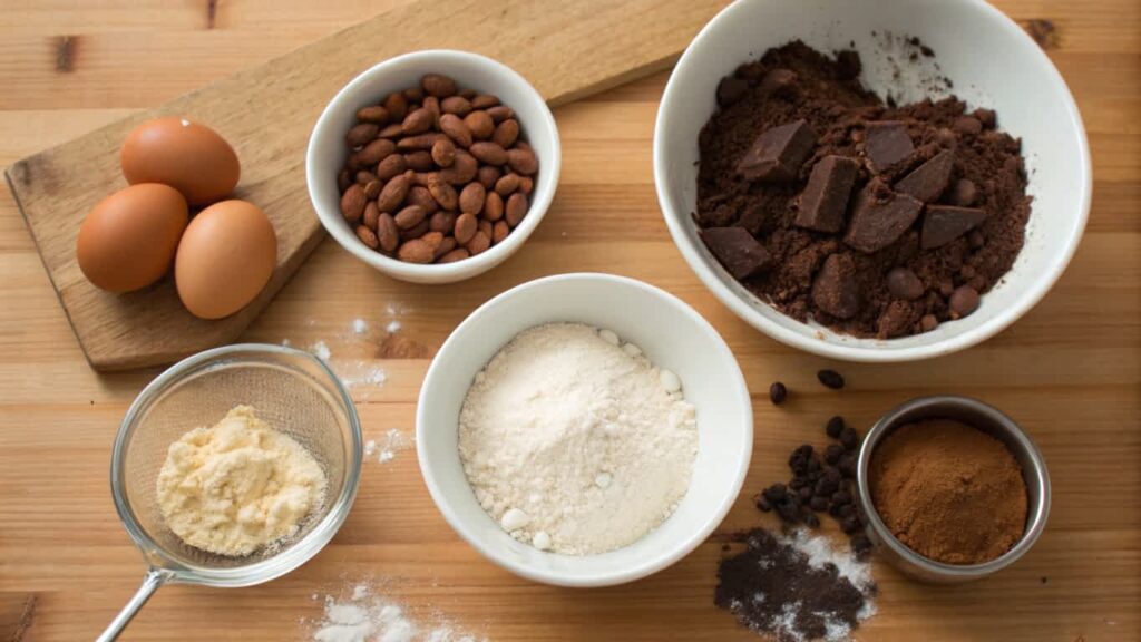 Ingredients for protein brownies on a wooden countertop.