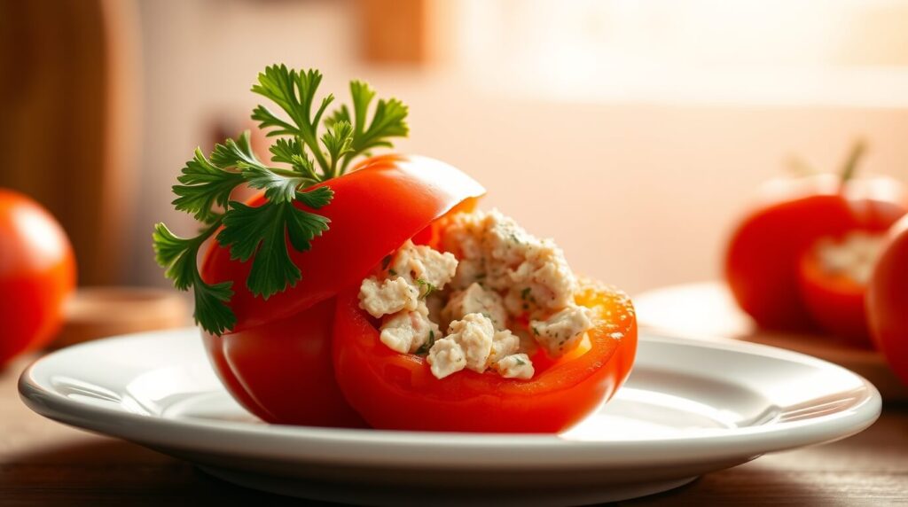 A fresh and healthy tuna-stuffed tomato served on a white plate