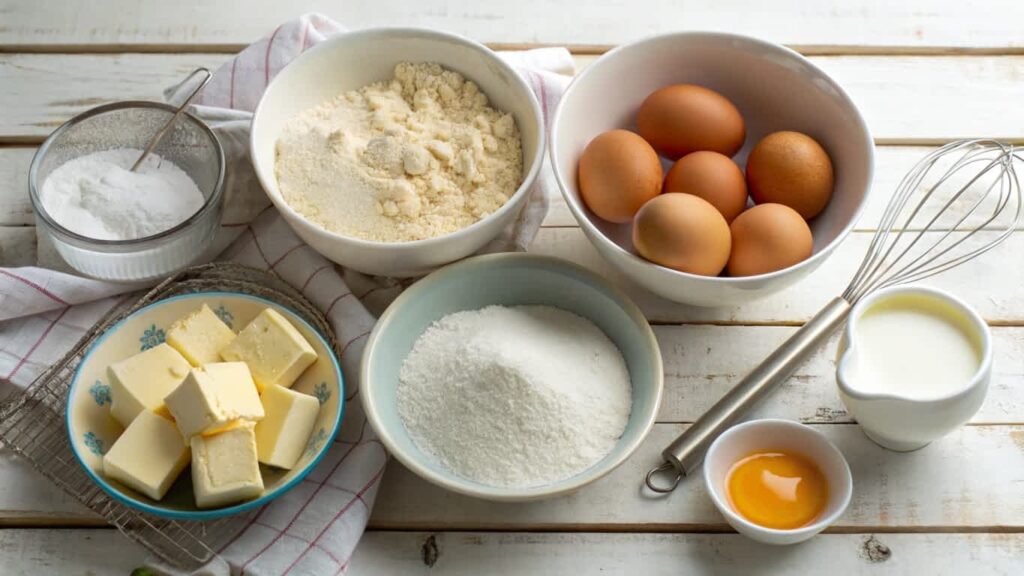 Ingredients for Queen Elizabeth pancakes laid out on a countertop