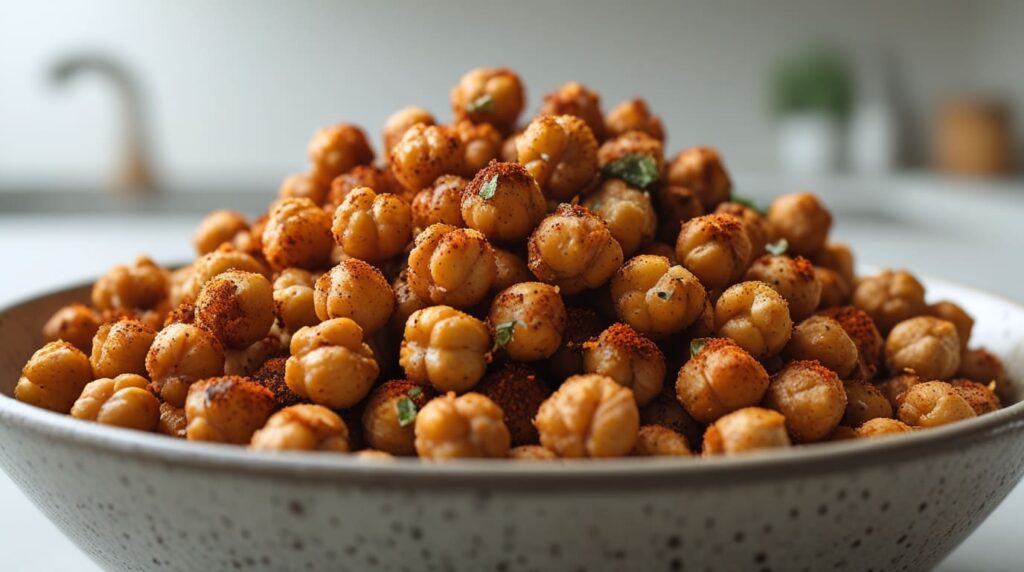 A bowl of roasted chickpeas seasoned with spices.