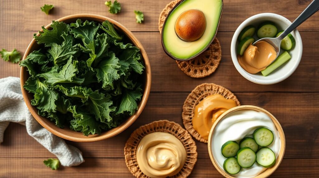 A table with healthy low-carb snacks, including kale chips, avocado crisps, celery with peanut butter, and yogurt with cucumbers